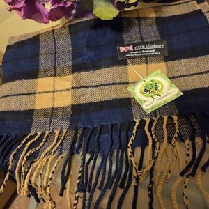 Irish Crossroads Blue and Tan Plaid Cashmere Fringed Scarf NWT